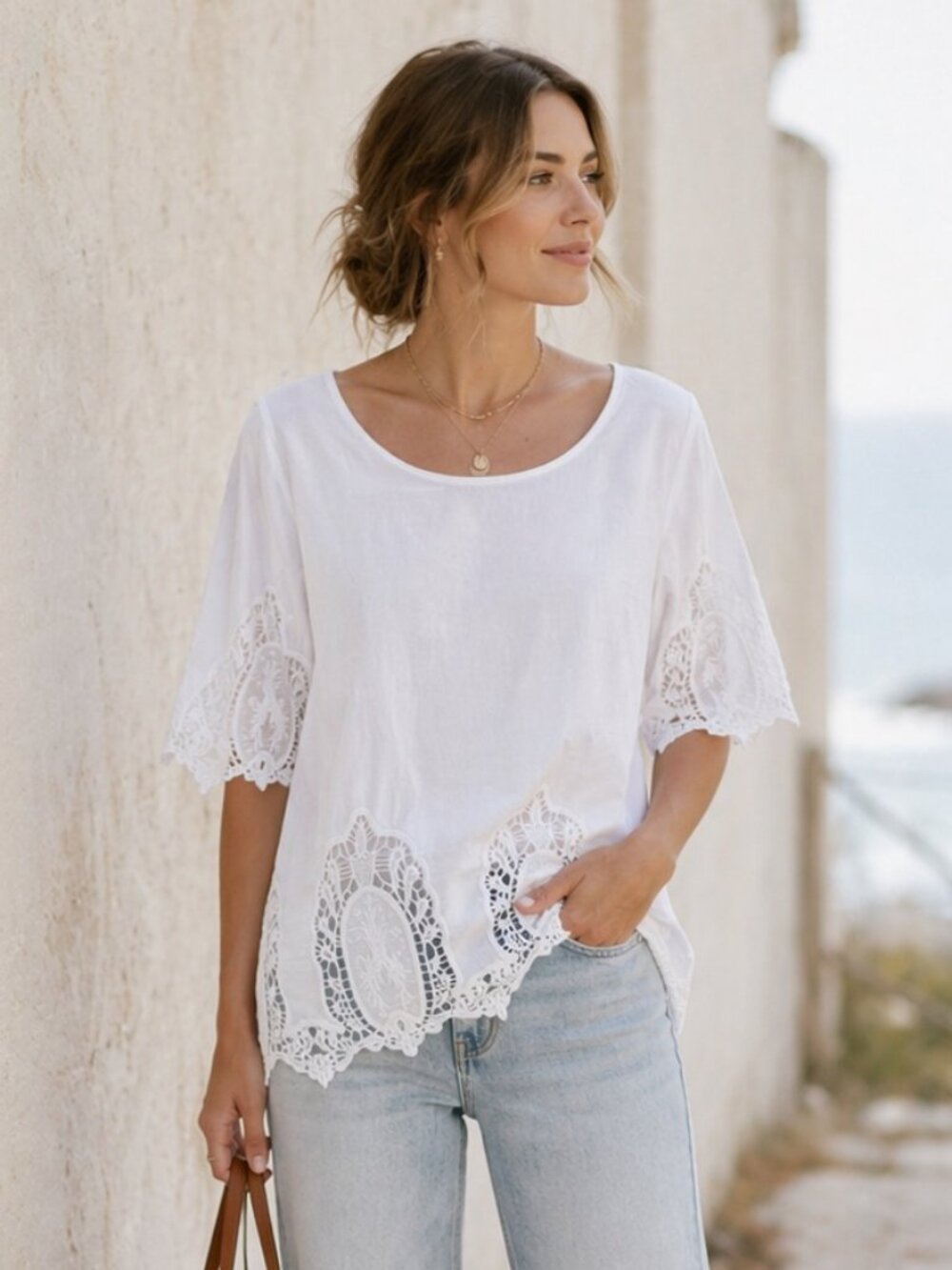 Sanctuary Embroidered Lace Hem Blouse Womens Size M White Cotton Top Coastal